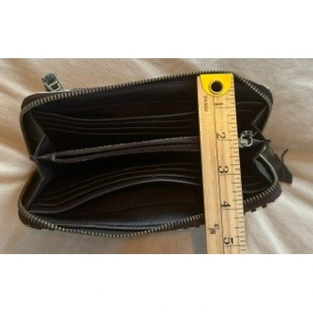 Fossil Black White Polka Dot Zip Around Clutch Wristlet Wallet Gold Logo